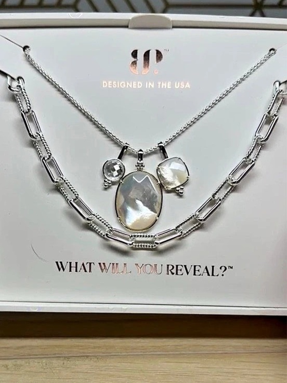 Bomb Party Silver and mother of pearly Pendant luxe layer necklaces NWT